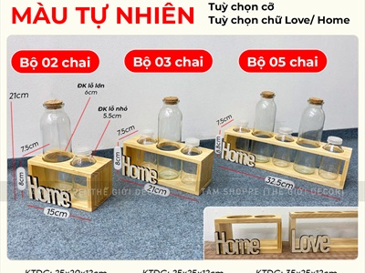 Bộ khung gỗ chữ nhật kèm lọ thuỷ tinh cắm hoa thuỷ canh [3 màu - 3 size] BINHLOHOA-05